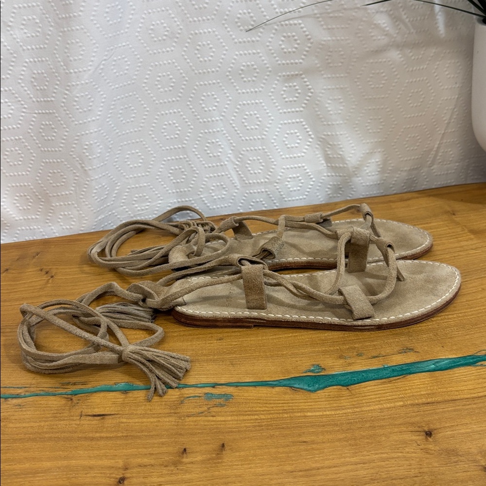 By James Genuine Leather Beige Strap Flat Sandals gladiator wrap